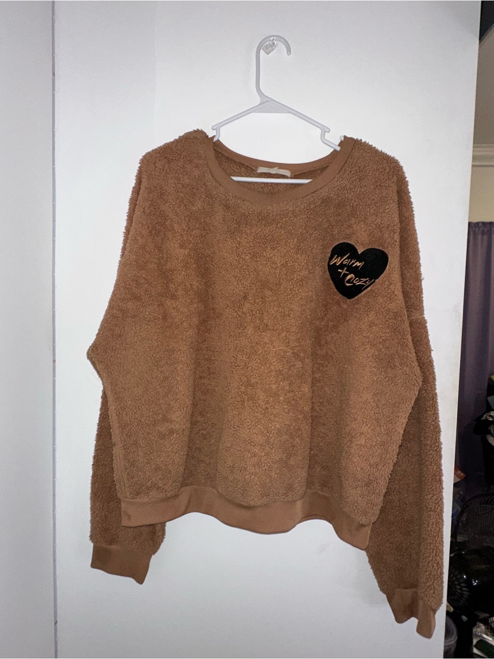 Target Brown Plush Crewneck Sweater with Black Heart Detail
